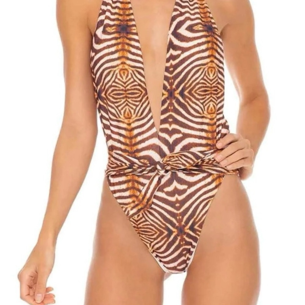 Luli Fama Cream and Brown One Piece Swimsuit with Geometric Design